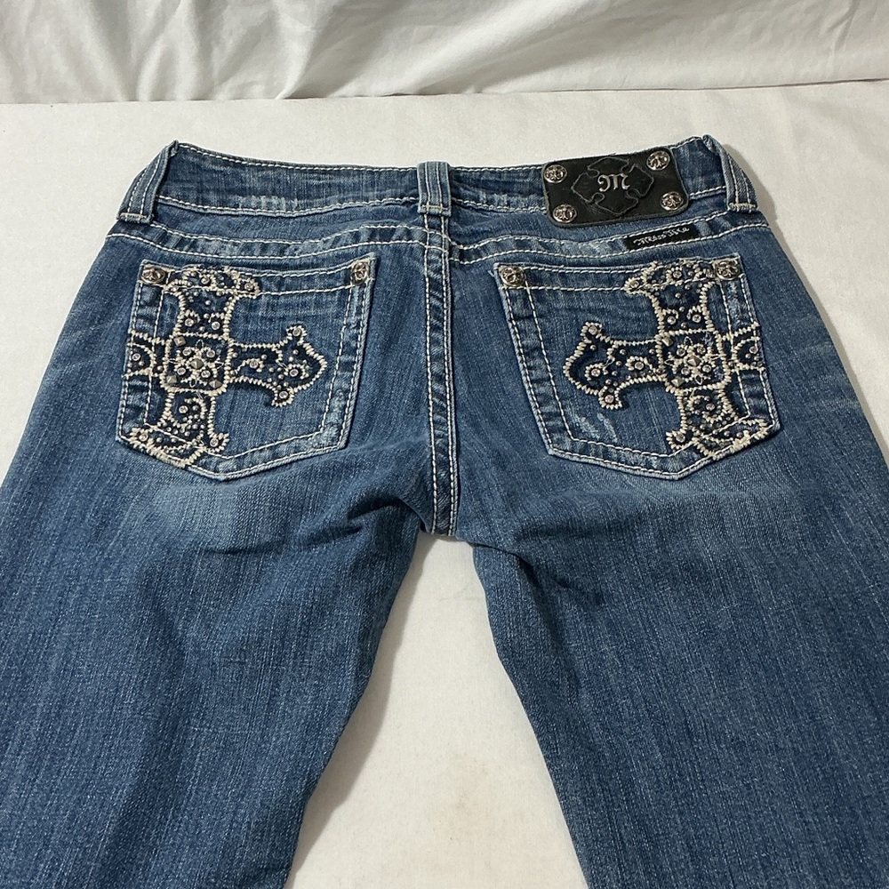 Miss Me Mid-Blue Boot Cut Jeans with Pearl Cross Pocket Embroidery